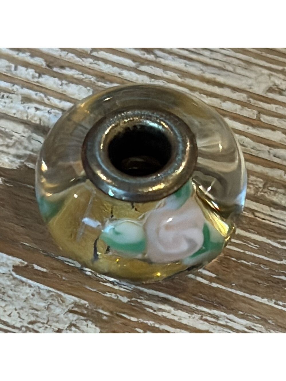 TROLLBEADS Murano clear glass bead gold inset pink flowers green leaves ss core